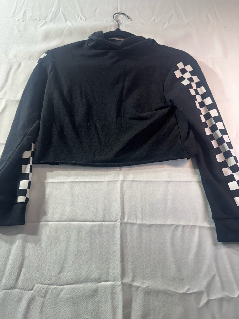 Black Cropped Hoodie with White Checkerboard Sleeves